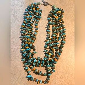 VINTAGE MULTI STRAND TURQUOISE AND TIGERS EYE NECKLACE. STATEMENT!! 925 TOGGLE